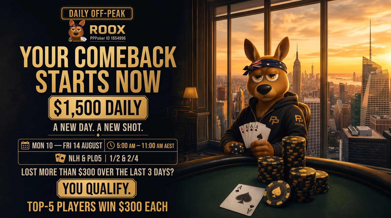 ROOX daily leaderboard on PPPoker: $1,500 every day from 10 to 14 August 2026