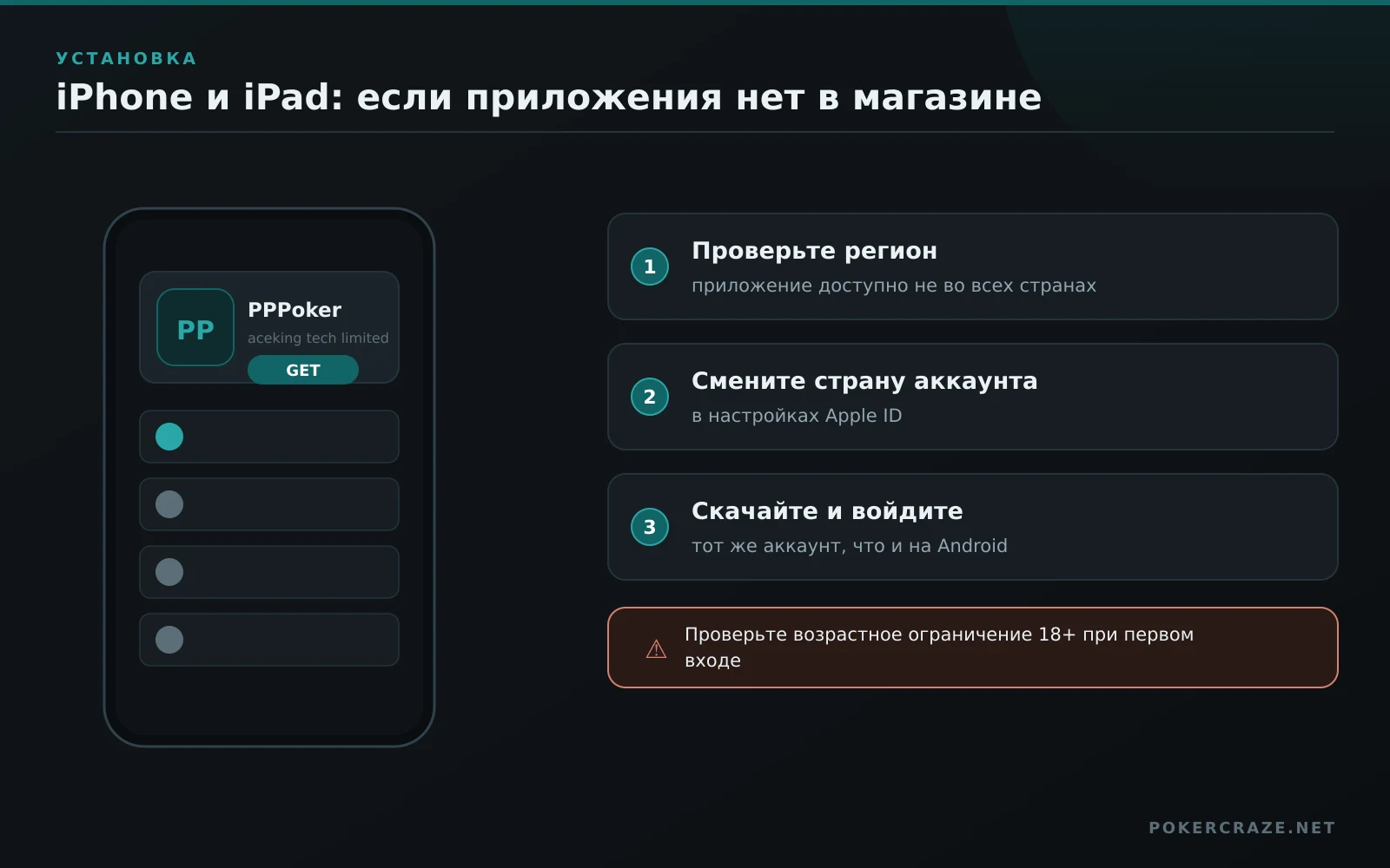 Установка PPPoker на iPhone: проверка региона, смена страны Apple ID и вход в приложение